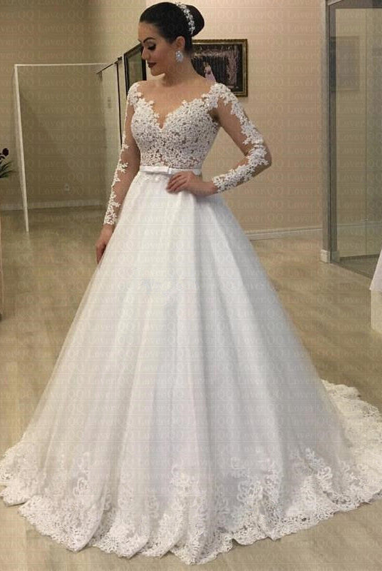Applique Long Sleeve Wedding Dress Bridal Gown