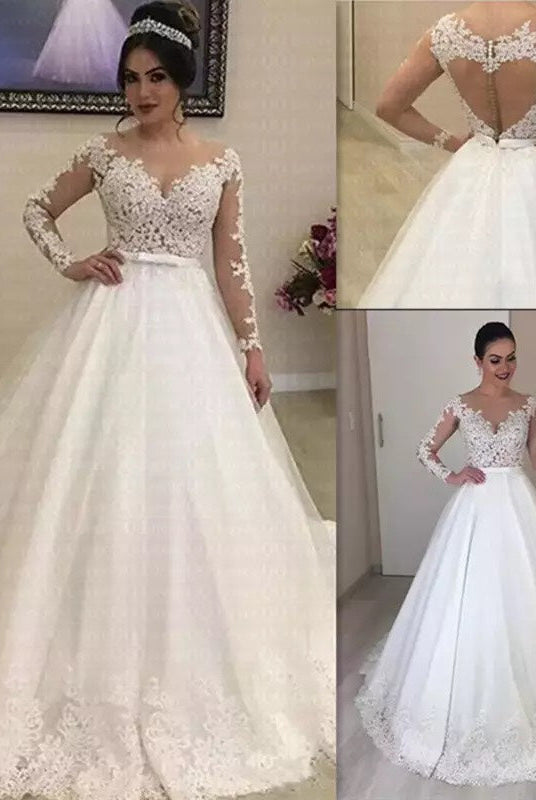 Applique Long Sleeve Wedding Dress Bridal Gown