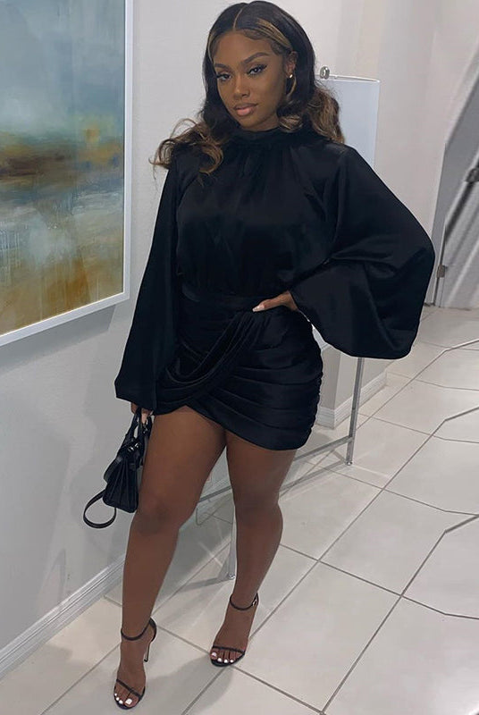 Black Satin Silk Wrap Dress: A Turtleneck, Elegant Office Lady's Short Dress, Perfect for Casual Autumn and Winter Wear