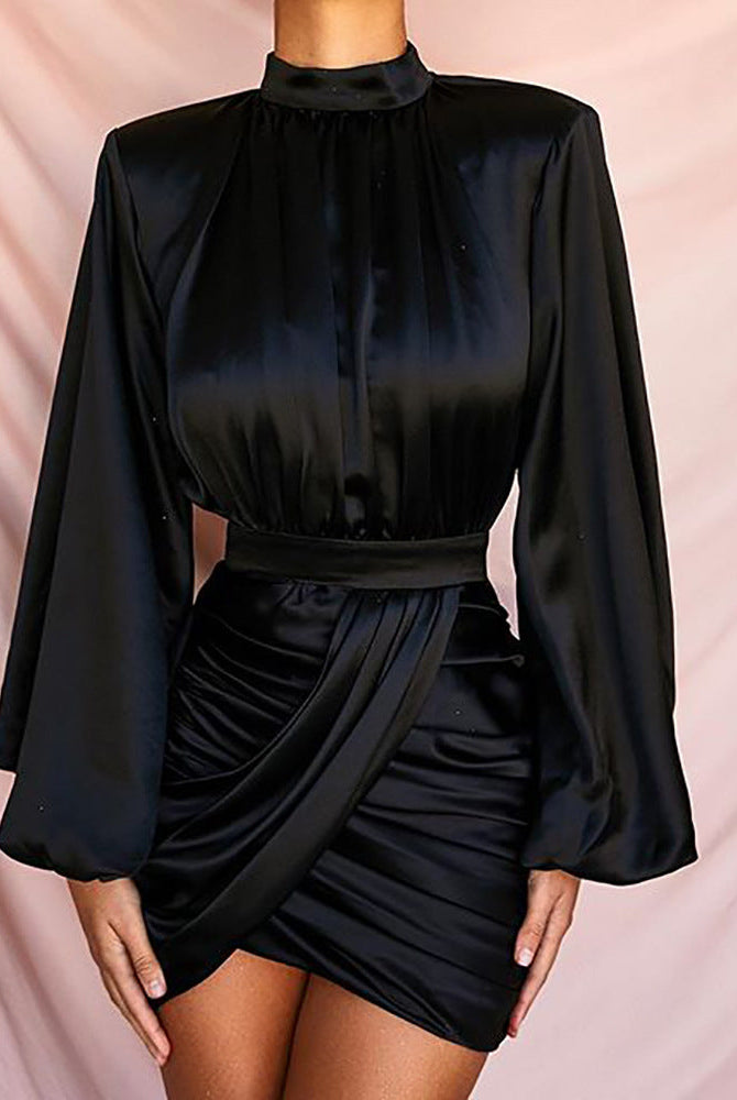 Black Satin Silk Wrap Dress: A Turtleneck, Elegant Office Lady's Short Dress, Perfect for Casual Autumn and Winter Wear