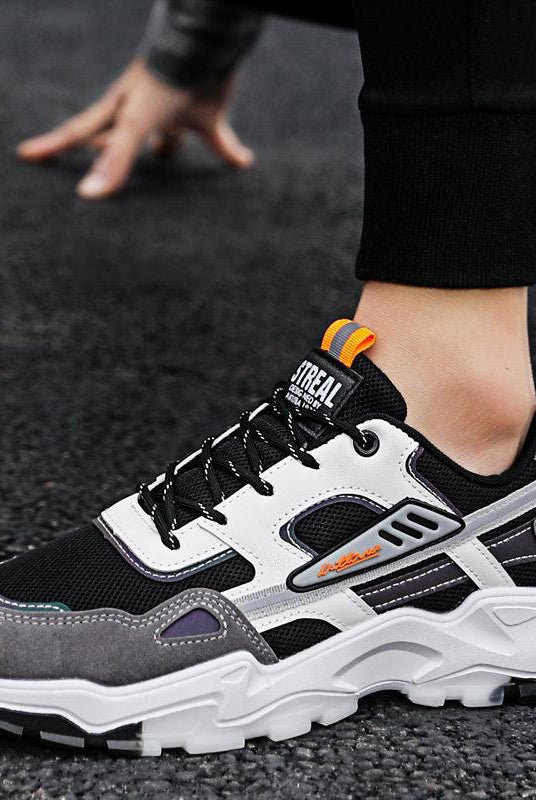"Black White Lace-up Sneakers: Outdoor Breathable Mesh Shoes, Lightweight Running Sports Shoes for Men."