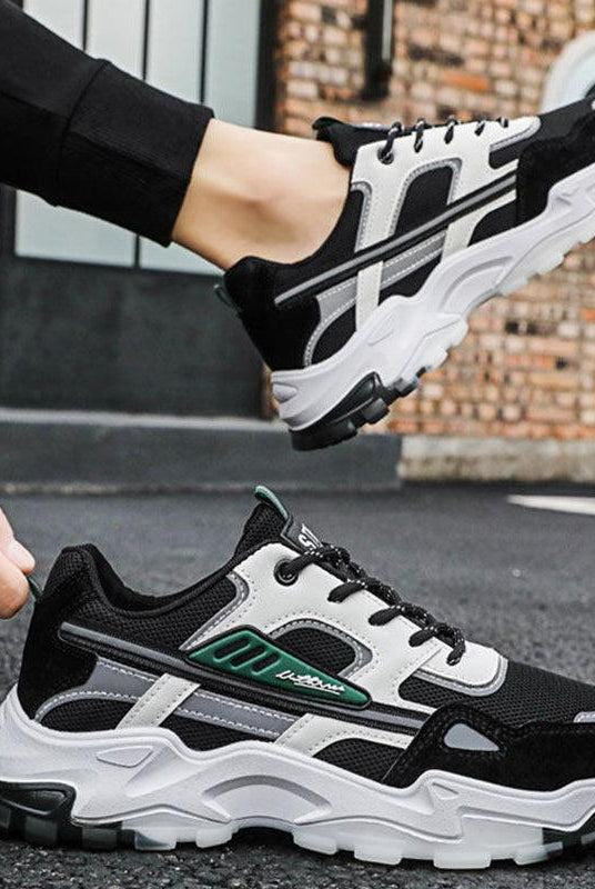 "Black White Lace-up Sneakers: Outdoor Breathable Mesh Shoes, Lightweight Running Sports Shoes for Men."