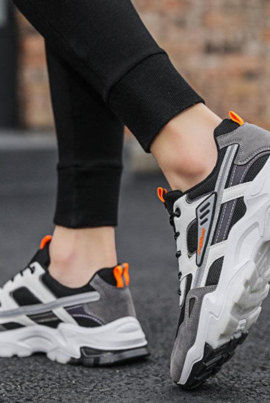 "Black White Lace-up Sneakers: Outdoor Breathable Mesh Shoes, Lightweight Running Sports Shoes for Men."