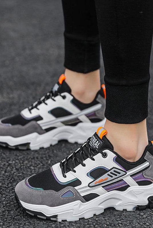 "Black White Lace-up Sneakers: Outdoor Breathable Mesh Shoes, Lightweight Running Sports Shoes for Men."