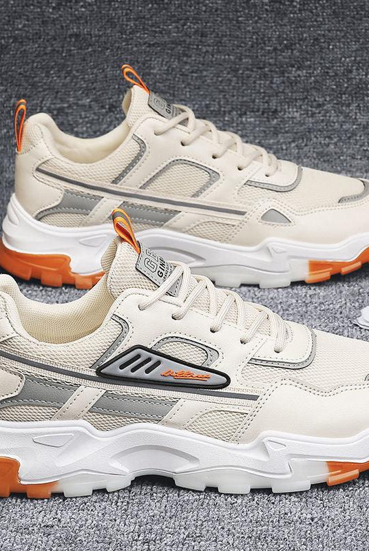 "Black White Lace-up Sneakers: Outdoor Breathable Mesh Shoes, Lightweight Running Sports Shoes for Men."