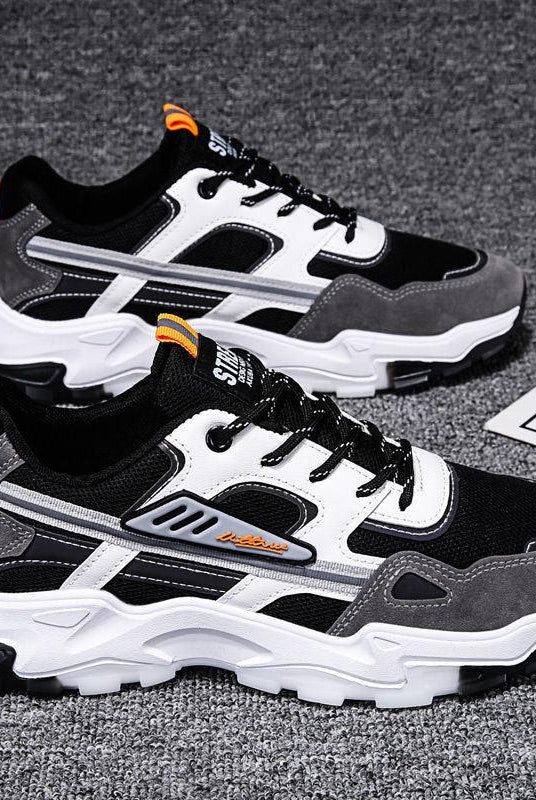 "Black White Lace-up Sneakers: Outdoor Breathable Mesh Shoes, Lightweight Running Sports Shoes for Men."
