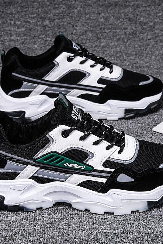 "Black White Lace-up Sneakers: Outdoor Breathable Mesh Shoes, Lightweight Running Sports Shoes for Men."