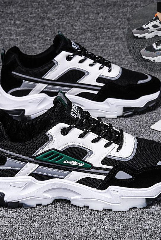 "Black White Lace-up Sneakers: Outdoor Breathable Mesh Shoes, Lightweight Running Sports Shoes for Men."