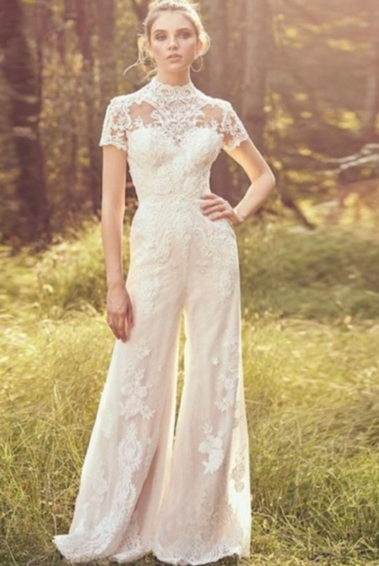Bride Pants Suit Wedding Bridal Gowns Short Sleeve Jumpsuit
