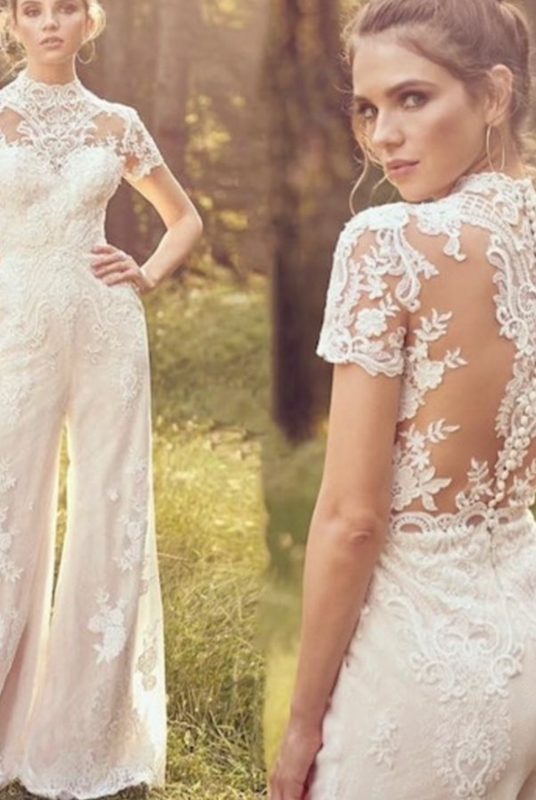 Bride Pants Suit Wedding Bridal Gowns Short Sleeve Jumpsuit