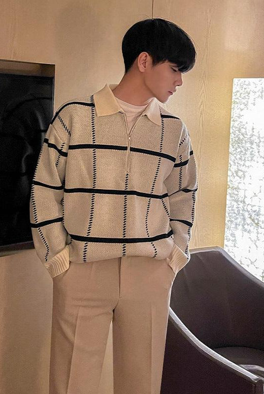 Check Lapel Knit Polo Shirt Men