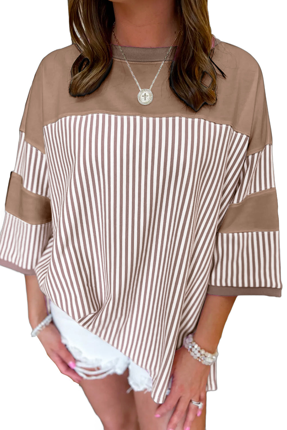 Dark Khaki Striped Patchwork Oversized Tee