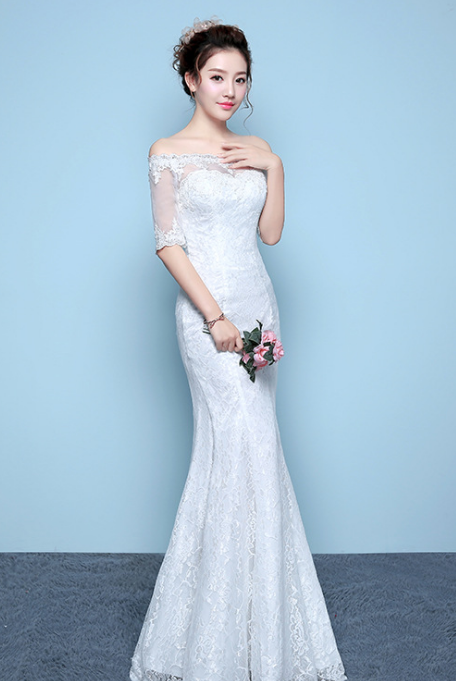 Fishtail Waist Qi-Shoulder Wedding Dress