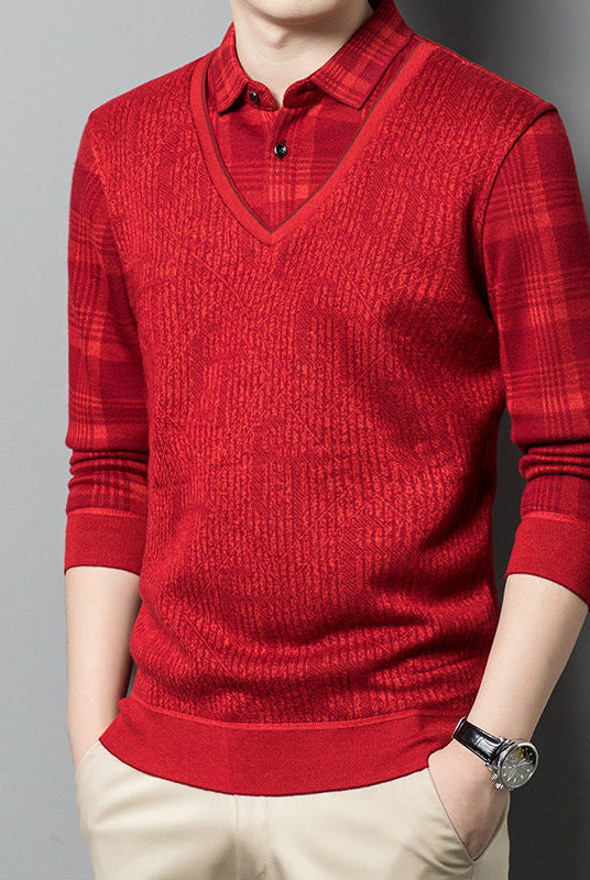 Fleece Lined Padded Warm Keeping Fake Two Pieces Sweaters