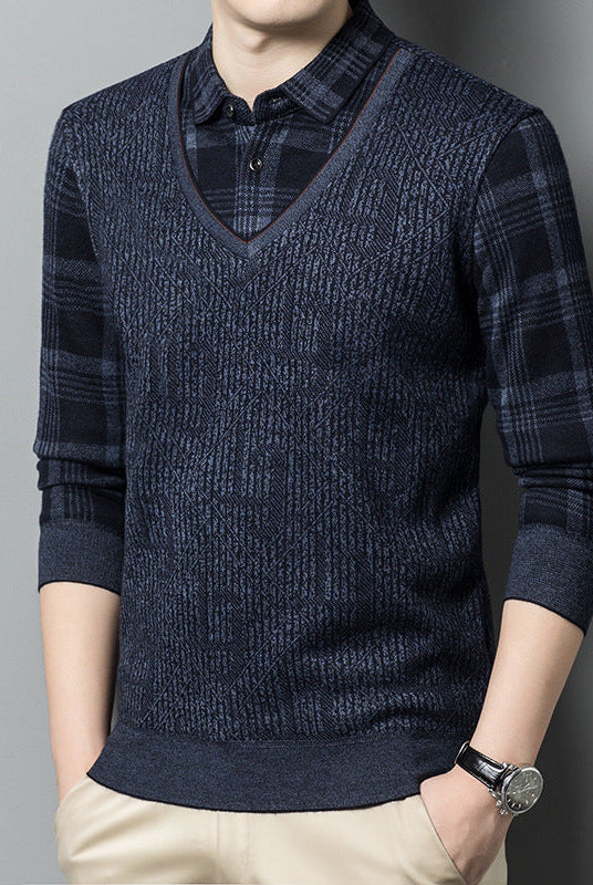 Fleece Lined Padded Warm Keeping Fake Two Pieces Sweaters