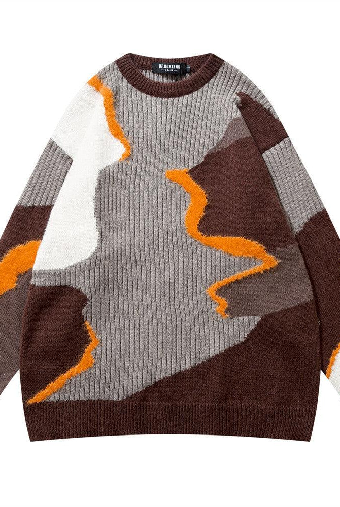 Irregular Stitching Contrast Color Round Neck Knitwear Autumn Idle Style