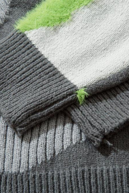Irregular Stitching Contrast Color Round Neck Knitwear Autumn Idle Style