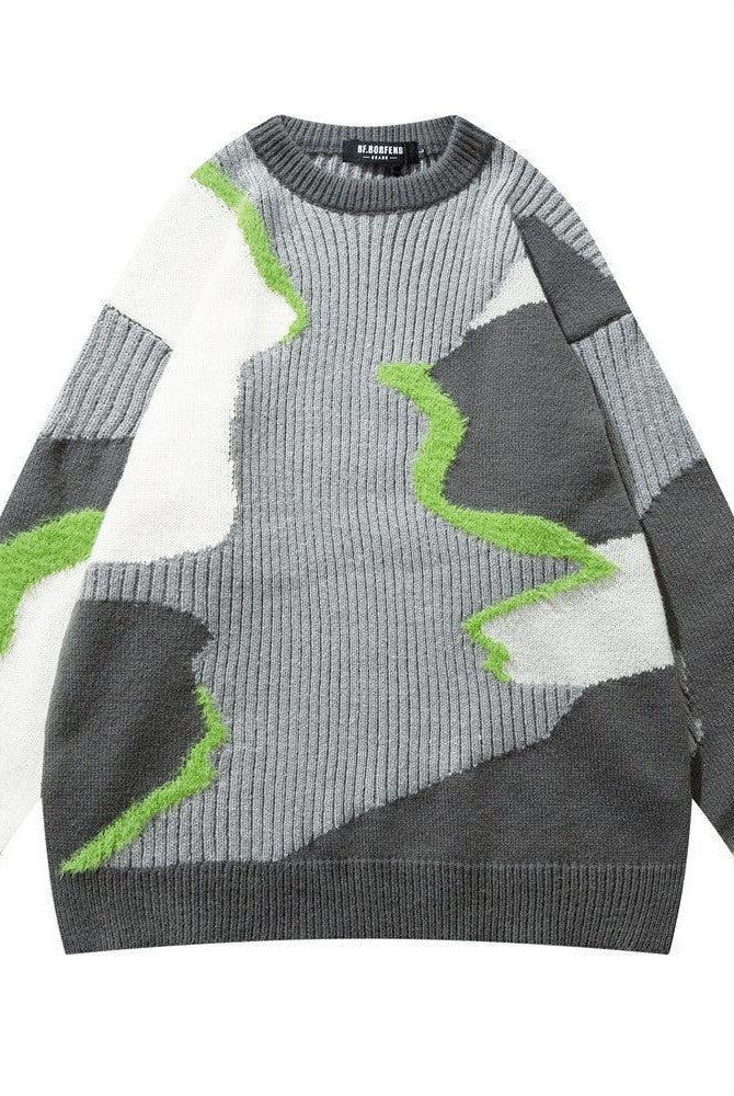 Irregular Stitching Contrast Color Round Neck Knitwear Autumn Idle Style