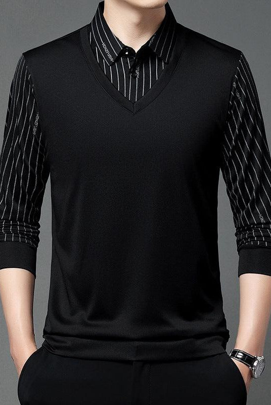 Men's Autumn False Two-piece Shirt Collar T-shirt Long Sleeve Knitwear Top
