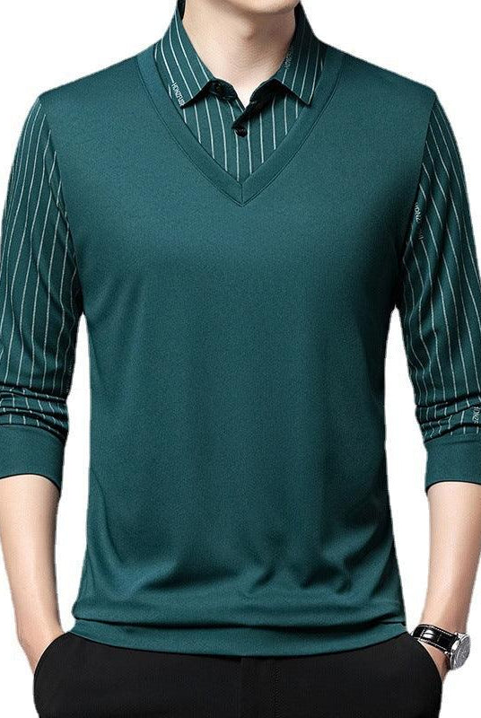 Men's Autumn False Two-piece Shirt Collar T-shirt Long Sleeve Knitwear Top