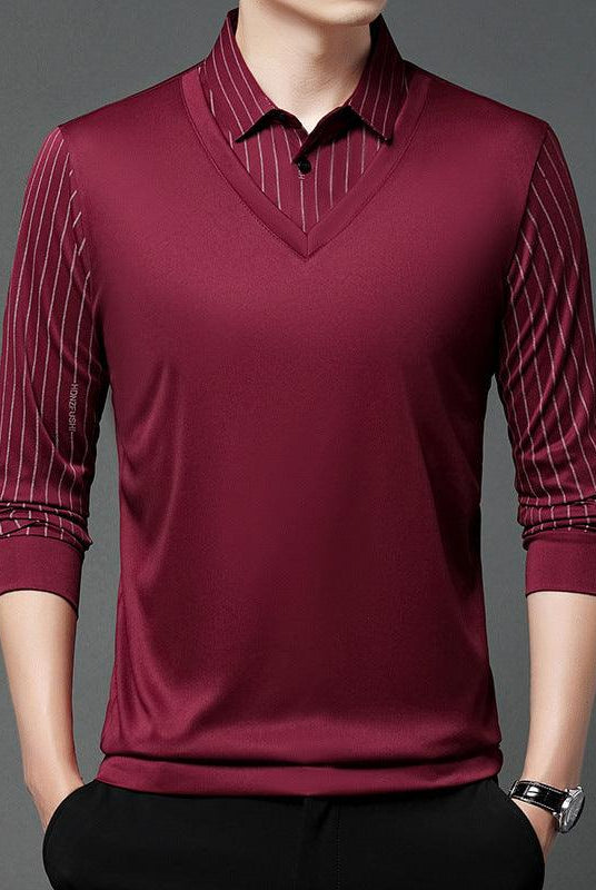 Men's Autumn False Two-piece Shirt Collar T-shirt Long Sleeve Knitwear Top
