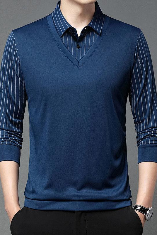 Men's Autumn False Two-piece Shirt Collar T-shirt Long Sleeve Knitwear Top