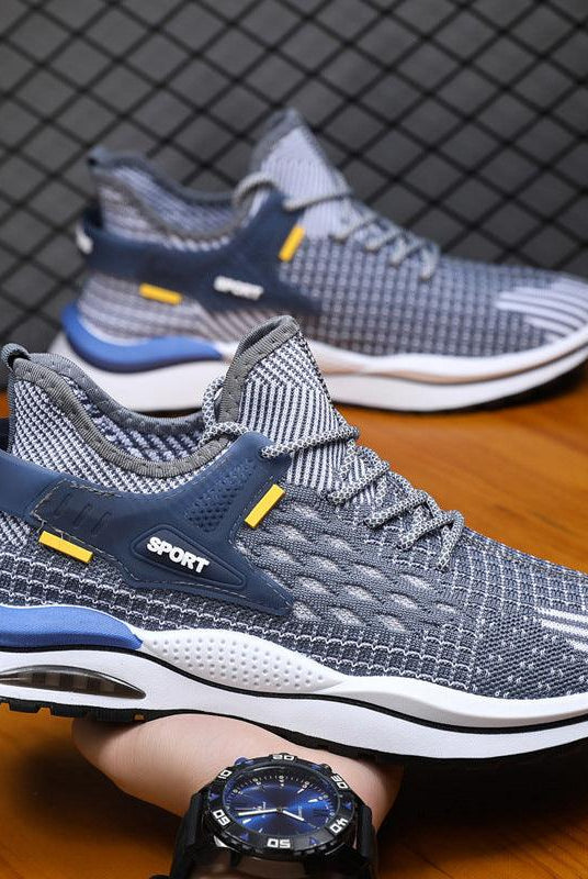 Men's Mesh Sneakers Fashion Striped Plaid Design Lace-up Shoes Casual Lightweight Breathable Sports Shoes