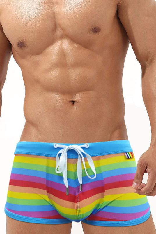 Men's Rainbow Fashion Tethered Slit Boxer Swim Shorts