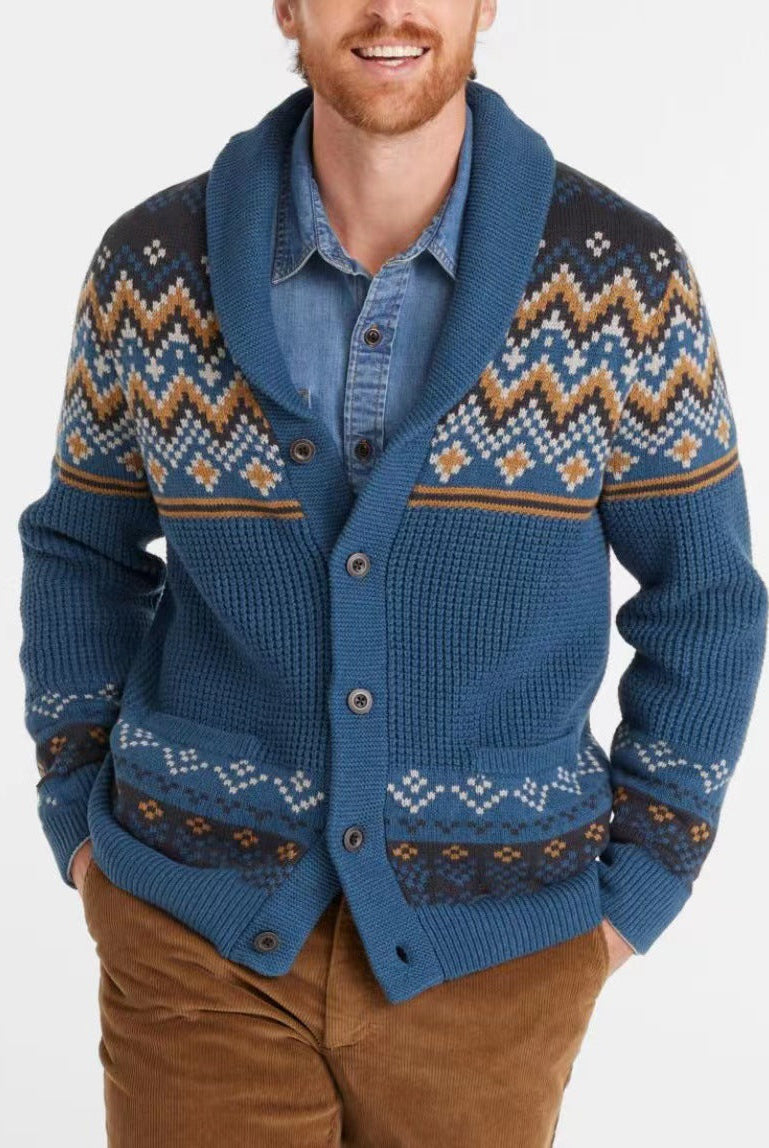 Men's Sweaters Coat Lapel Jacquard Long Sleeve