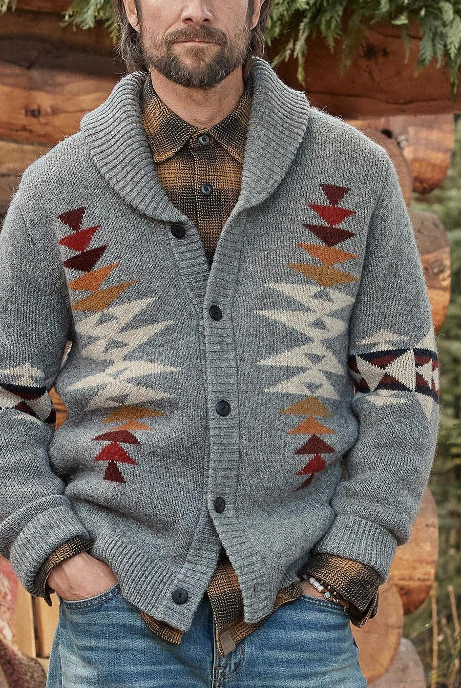 Men's Sweaters Jacquard Lapel Long Sleeve Sweater Coat