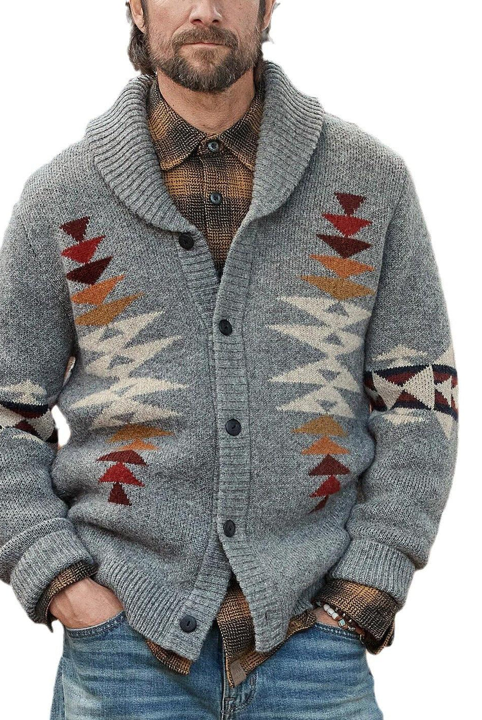 Men's Sweaters Jacquard Lapel Long Sleeve Sweater Coat