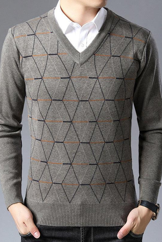 Men's V-neck Jacquard Long Sleeve Pullover Base Thick Sweater