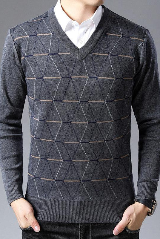 Men's V-neck Jacquard Long Sleeve Pullover Base Thick Sweater