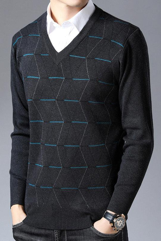 Men's V-neck Jacquard Long Sleeve Pullover Base Thick Sweater