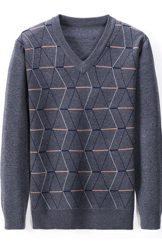 Men's V-neck Jacquard Long Sleeve Pullover Base Thick Sweater