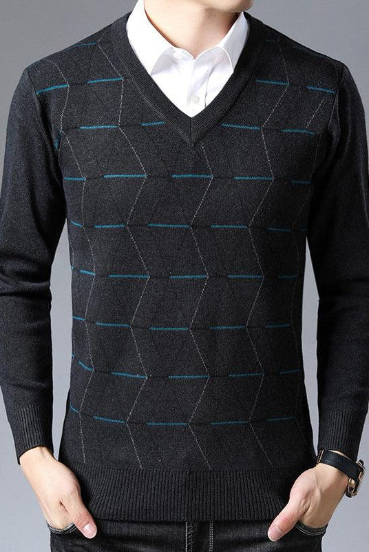 Men's V-neck Jacquard Long Sleeve Pullover Base Thick Sweater