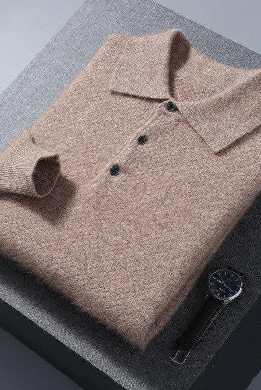 Mink Sweater Men's Polo Collar Honeycomb Knitting Sweater