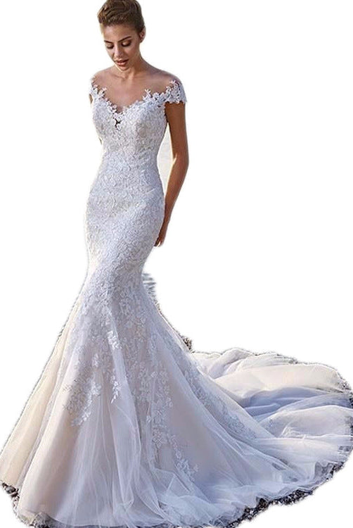 Princess Bride Mermaid Wedding Dress White Trailing Perspective Backless Lace