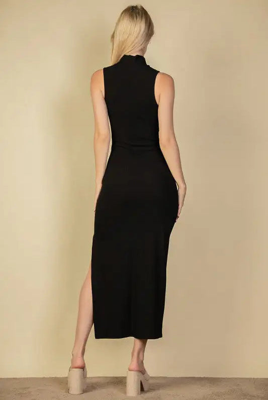 Ribbed Mock Neck Slit Bodycon Dress