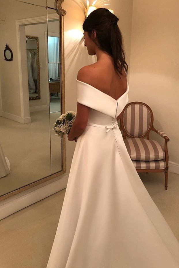 Simple A Line Wedding Dresses Satin Off The Shoulder Wedding Bridal Gowns Sweep Train Casual Dresses Zipper With Buttons Back
