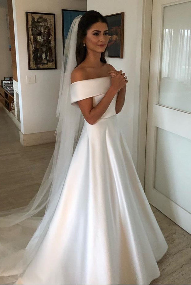 Simple A Line Wedding Dresses Satin Off The Shoulder Wedding Bridal Gowns Sweep Train Casual Dresses Zipper With Buttons Back