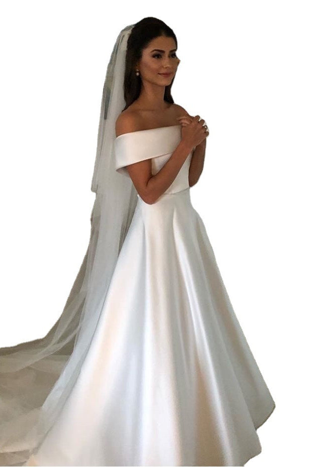 Simple A Line Wedding Dresses Satin Off The Shoulder Wedding Bridal Gowns Sweep Train Casual Dresses Zipper With Buttons Back