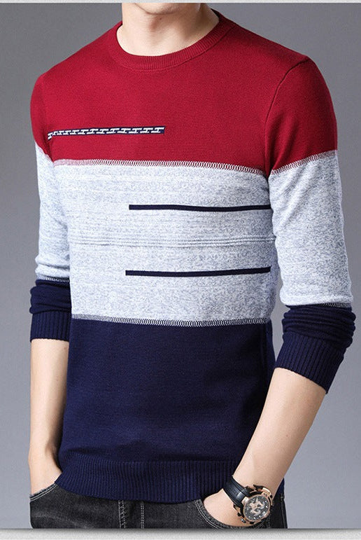 Winter Pullover Men Round Collar Striped Cotton Sweaters Slim Fit Pull Homme Knitwear