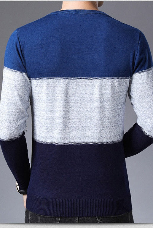 Winter Pullover Men Round Collar Striped Cotton Sweaters Slim Fit Pull Homme Knitwear