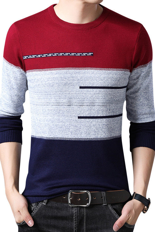 Winter Pullover Men Round Collar Striped Cotton Sweaters Slim Fit Pull Homme Knitwear
