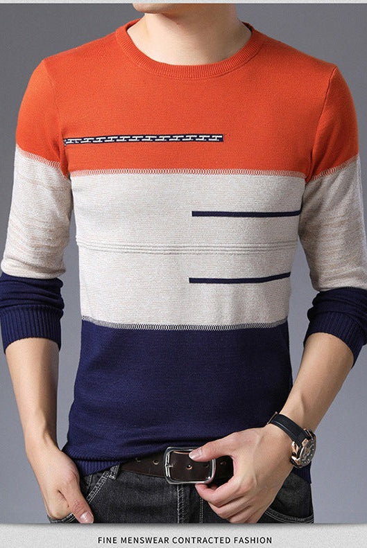 Winter Pullover Men Round Collar Striped Cotton Sweaters Slim Fit Pull Homme Knitwear