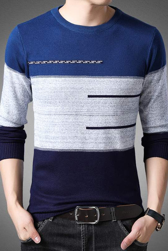 Winter Pullover Men Round Collar Striped Cotton Sweaters Slim Fit Pull Homme Knitwear