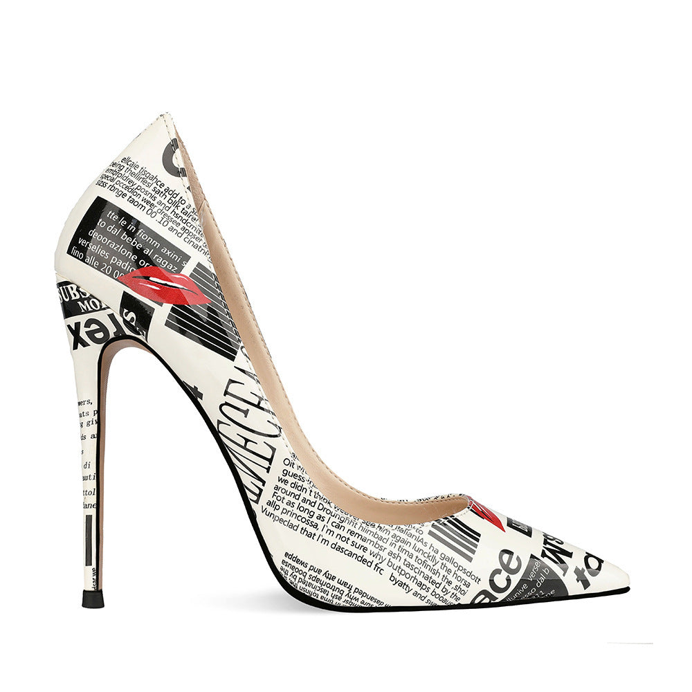 12cm Graffiti Fashion High Heels Women Women's Pointed Toe Stiletto Heels Catwalk Show Shoes