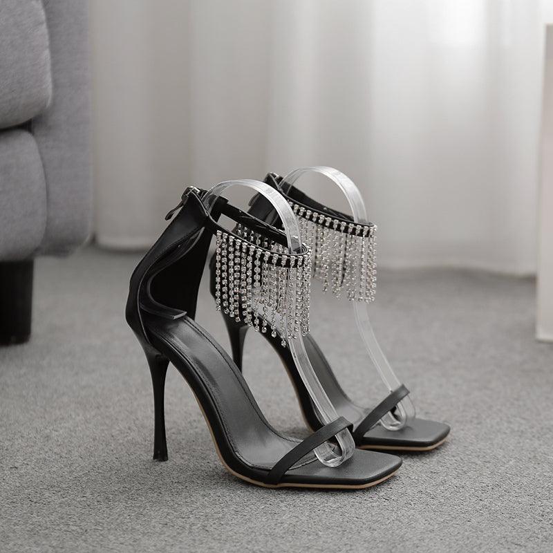 Sexy Fringed Rhinestone Square Toe Stiletto Heel Sandals Women Roman Shoes - Bloomjay