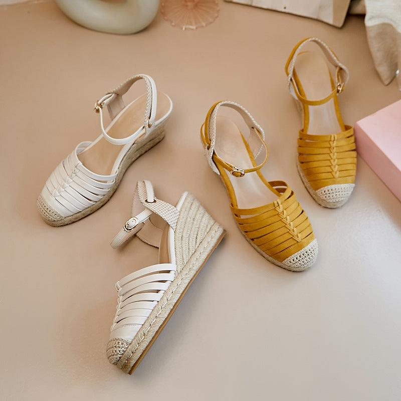 Platform Straw Woven Wedge Cream White Toe Cap Sandals Flat High Heels - Bloomjay